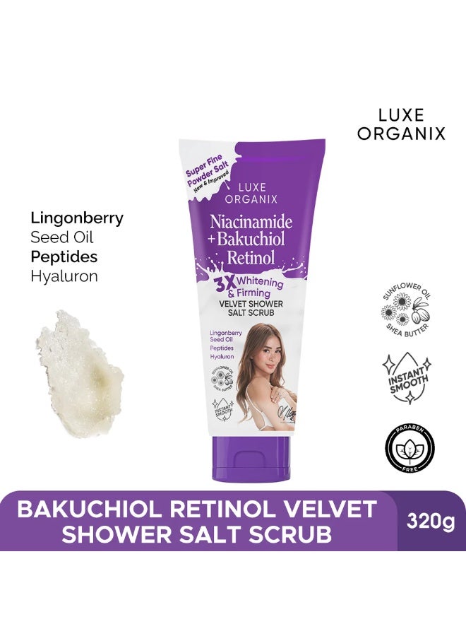 مقشر الاستحمام بالملح المخملي لتبييض البشرة 3x مع النياسيناميد + الباكوتشيول والريتينول 320 جرام