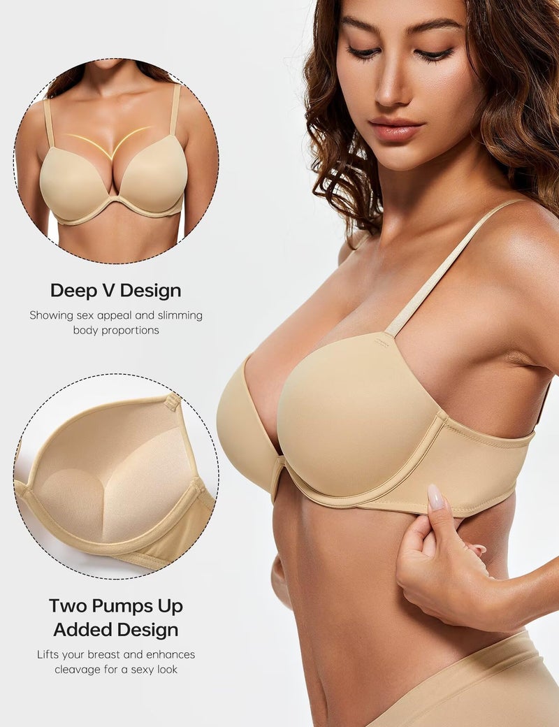 Wingslove Women's Push Up Bra Deep V Plunge Underwire T-Shirt Bra Multiway 2 Cups Up(Nude,34C) - Image 2