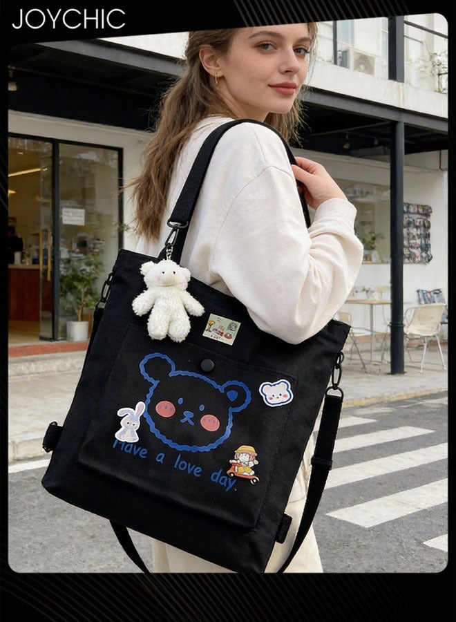 Joychic Lovely Bear Printed Canvas Bag Large Capacity Casual Student Backpack Multifunction School Tote Bag with Cartoon Pendant Black - Image 1