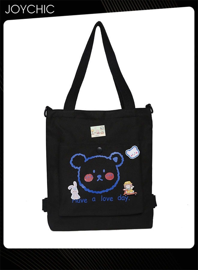 Joychic Lovely Bear Printed Canvas Bag Large Capacity Casual Student Backpack Multifunction School Tote Bag with Cartoon Pendant Black - Image 4