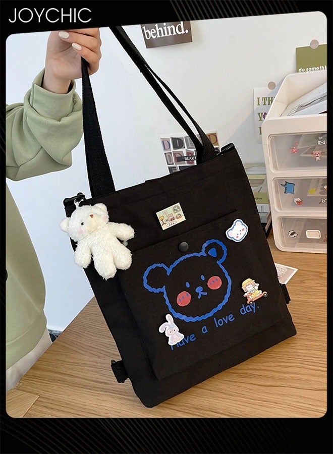Joychic Lovely Bear Printed Canvas Bag Large Capacity Casual Student Backpack Multifunction School Tote Bag with Cartoon Pendant Black - Image 2