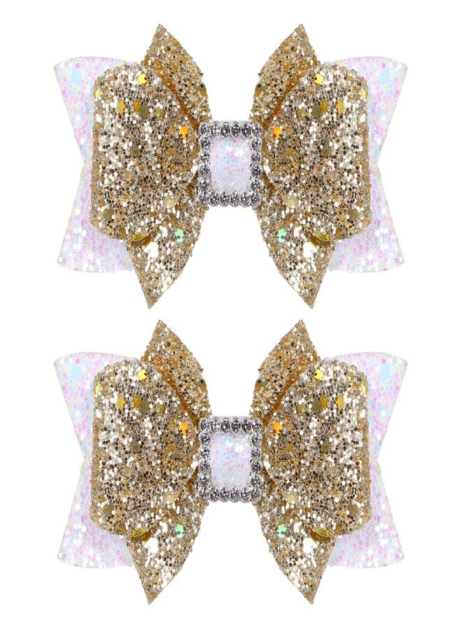 melyde Glitter Hair Bow Clips 3.5 Inch Sweet Hairpins Girls Teens Kids Sparkly Hair Accessories for School Birthday Holiday Party Decor, White&Gold - Image 1