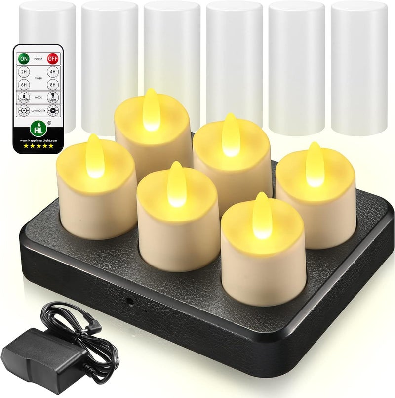 HL Flameless Candles with Remote Timer, 100+Hours Rechargeable Waterproof Outdoor Candles Tea Lights with Charging Base, Warm White LED Votive Floating Tealights for Festival Wedding Party Decor-6pc - Image 1