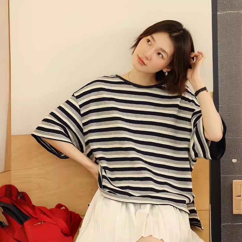Loose Bamboo Cotton Summer Style Contrasting Stripesd Short-Sleeved T-Shirt Midsummer Time T2407 - Image 3
