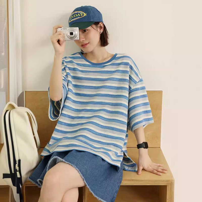 Loose Bamboo Cotton Summer Style Contrasting Stripesd Short-Sleeved T-Shirt Midsummer Time T2407 - Image 5