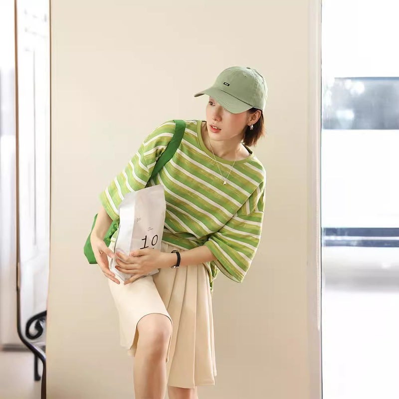 Loose Bamboo Cotton Summer Style Contrasting Stripesd Short-Sleeved T-Shirt Midsummer Time T2407 - Image 1