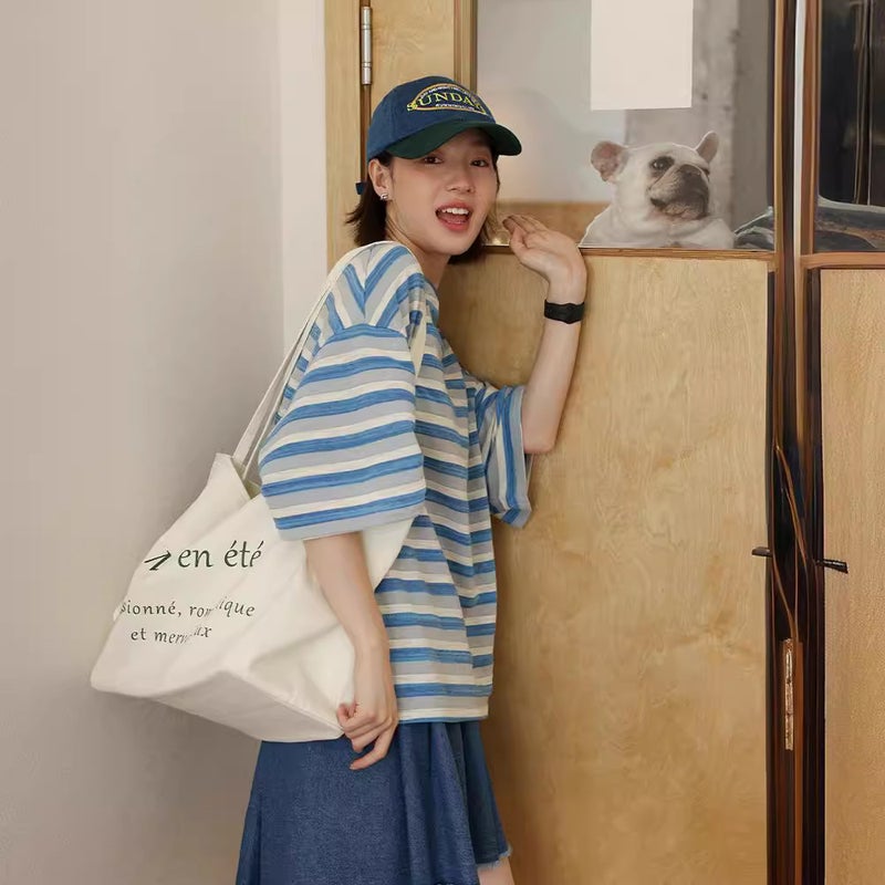 Loose Bamboo Cotton Summer Style Contrasting Stripesd Short-Sleeved T-Shirt Midsummer Time T2407 - Image 2