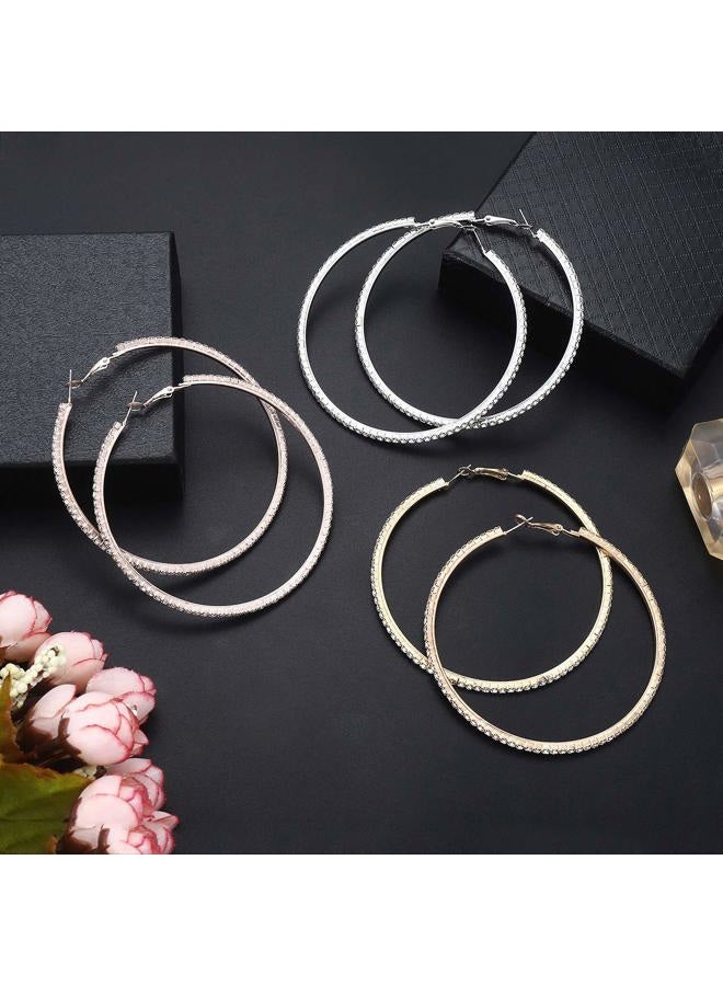 BSJELL Big Hoop Earrings Set of 3 Large Rhinestone Hoop Earrings Gold/Rose Gold/Silver Plated Fashion Bridal Wedding Jewelry For Women (3 Pairs) - Image 2