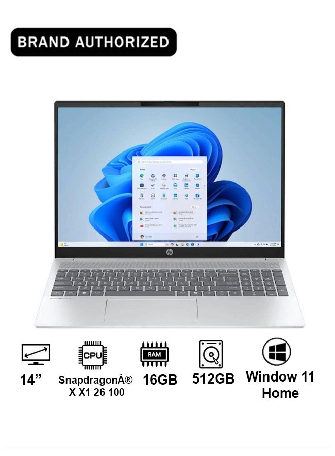 HP OMNIBOOK 5 Next Gen AI  14-HE0001NE / Snapdragon® X X1 26 100 Processor Processor / 16GB RAM / 512GB SSD / LPDDR5X / 14 Inches 2K Display /Qualcomm Adreno/ Windows 11 Home English/Arabic Glacier silver aluminum - Image 1