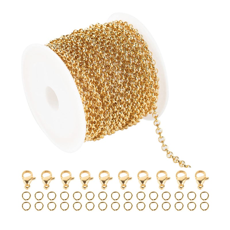 UMAOKANG 164 Feet Gold Stainless Steel Circle Rolo Link Chain Spool in Bulk with Lobster Clasps and Jump Rings for Necklace Jewelry Accessories DIY Making 3mm