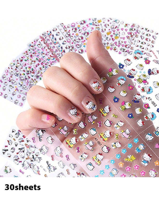 30 Sheets Cute Cat Nail Stickers, Self-Adhesive Nail Decals for Women Girls Kids Nail Art Stickers (Random Pattern) - Image 1