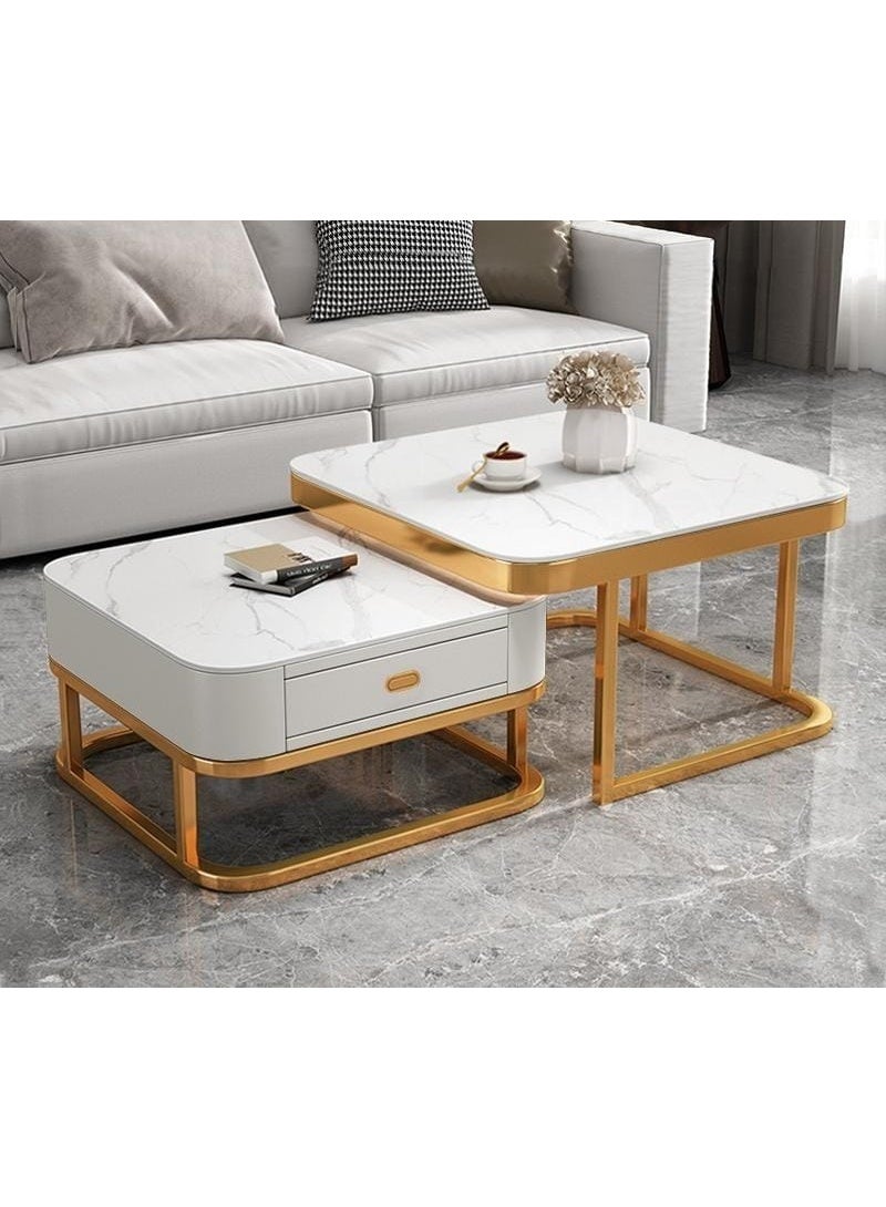 Nesting Coffee Table Set of 2, Nesting Tables with Tempered Glass and Drawer Storage, Only 0.4m² Floor Space, Stacking Tables for Living Room, Office, No Need Assembly - Image 2