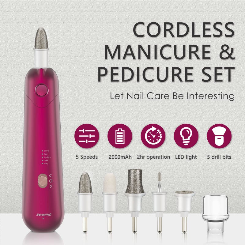 SEAMIND Professional Manicure Pedicure Set - Cordless Electric Foot Nail Care Trimmer Buffer Tools - 5 Speeds, Rechargeable, Thick Nails (Red) - Image 2