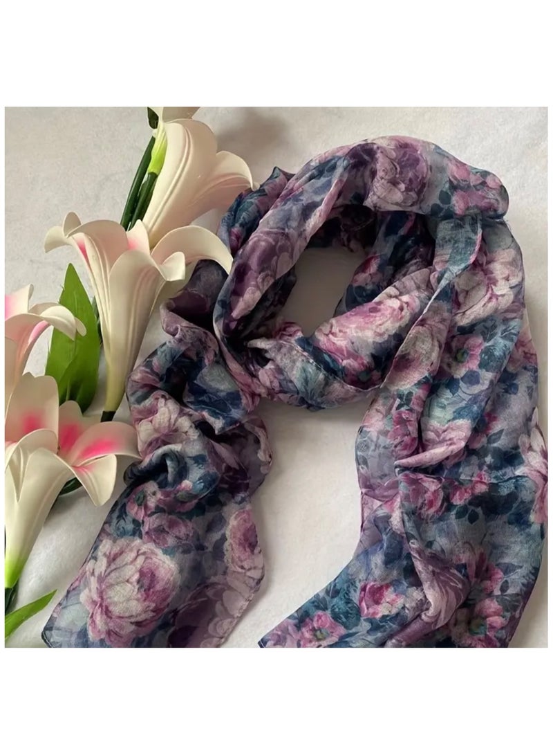 جست كواليتي وشاح شيفون مطبوع عليه زهور باللونين الأزرق والأحمر للنساء، وشاح خفيف الوزن قابل للتنفس للصيف والشتاء وشاح مطاطي ومريح للنساء - Image 1