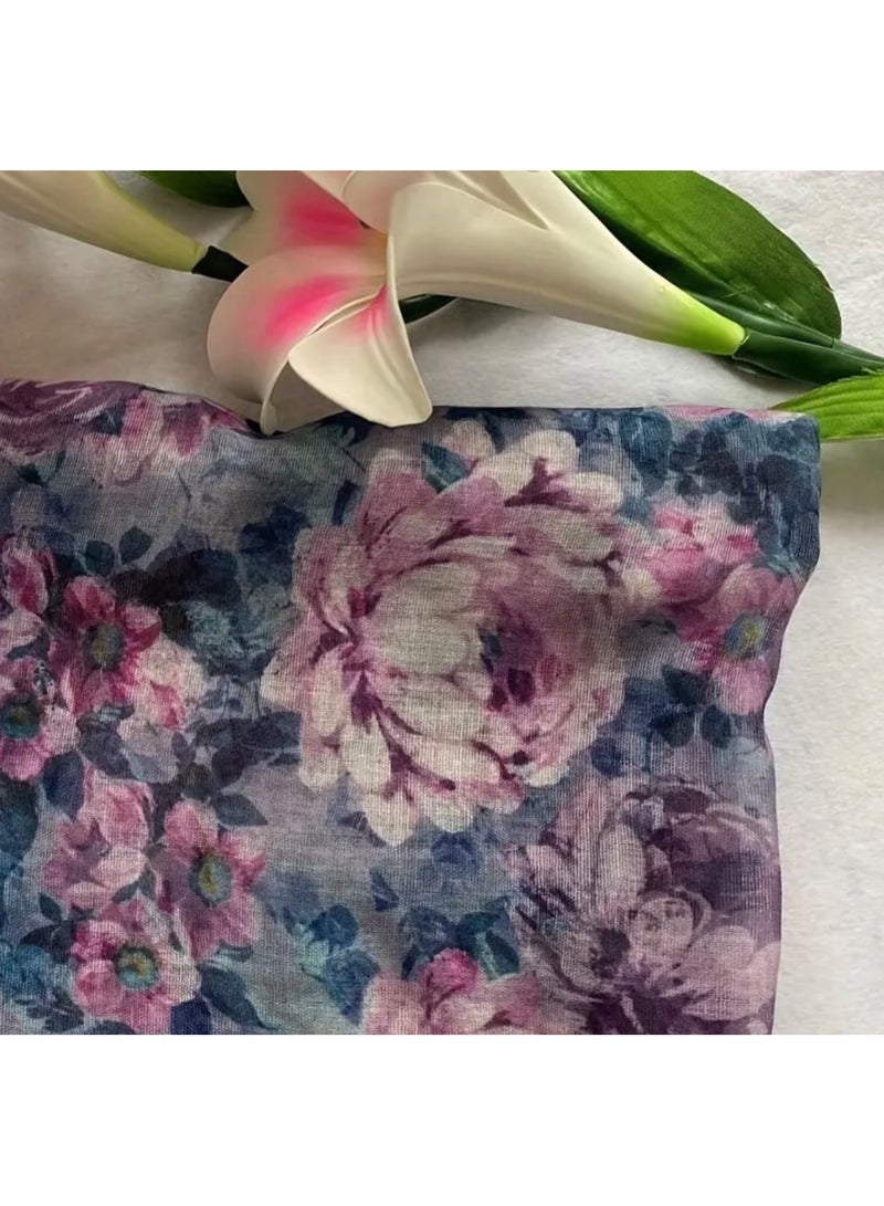 جست كواليتي وشاح شيفون مطبوع عليه زهور باللونين الأزرق والأحمر للنساء، وشاح خفيف الوزن قابل للتنفس للصيف والشتاء وشاح مطاطي ومريح للنساء - Image 3