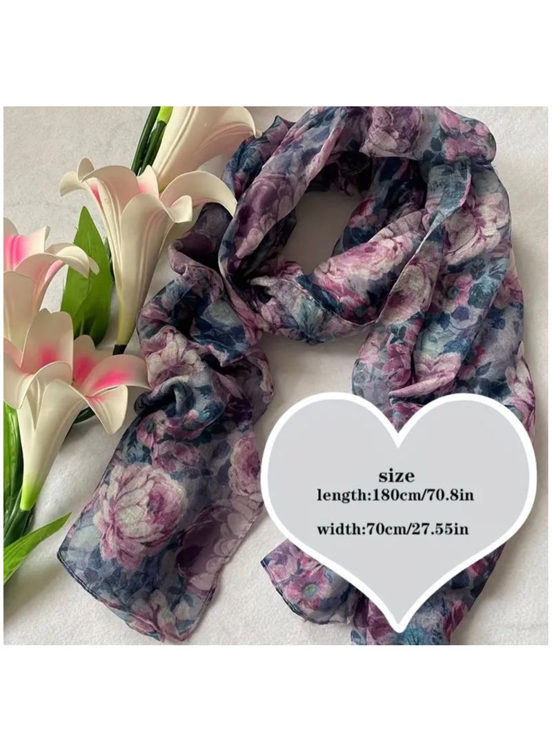 جست كواليتي وشاح شيفون مطبوع عليه زهور باللونين الأزرق والأحمر للنساء، وشاح خفيف الوزن قابل للتنفس للصيف والشتاء وشاح مطاطي ومريح للنساء - Image 4