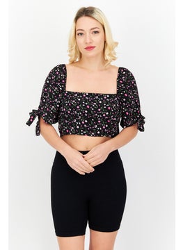 The Frolic Women Floral Print Beachwear Crop Top, Black Combo  - Image 1