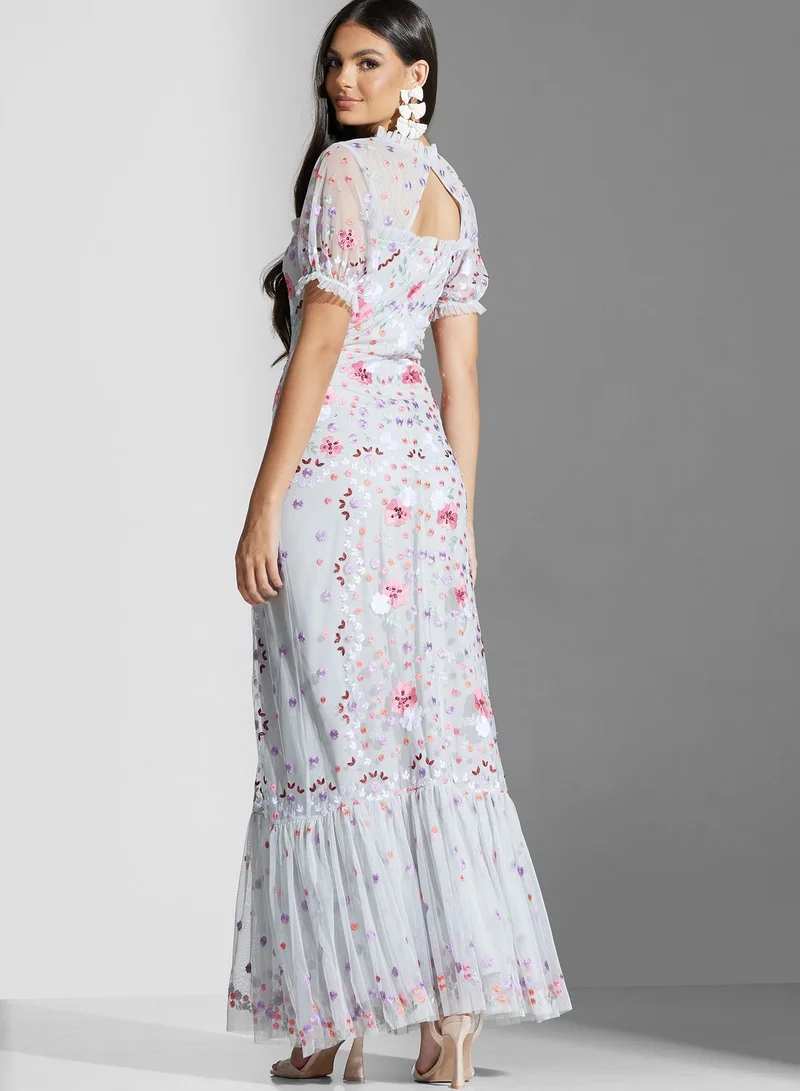 Maya Embroidered Cut Out Back Ruffle Hem Dress