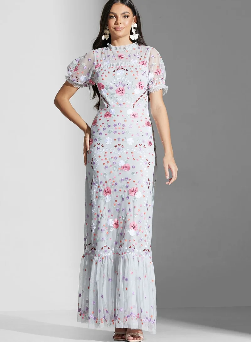 Maya Embroidered Cut Out Back Ruffle Hem Dress