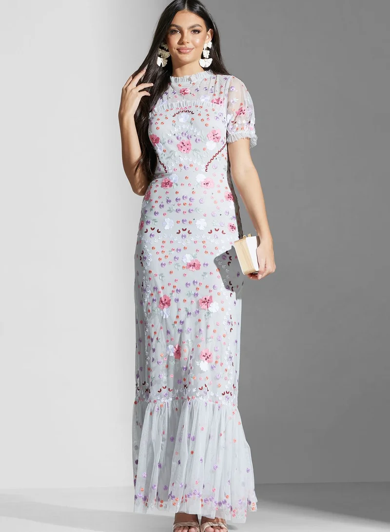 Maya Embroidered Cut Out Back Ruffle Hem Dress
