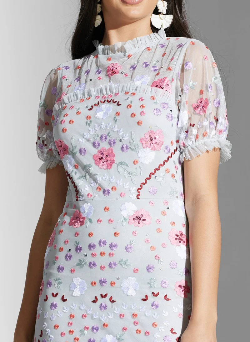 Maya Embroidered Cut Out Back Ruffle Hem Dress