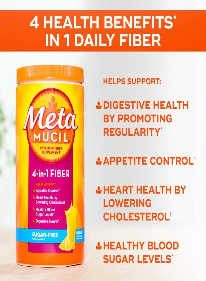 Metamucil Metamucil 4 in 1 Daily Fiber Supplement Powder, Fiber Powder for Digestive Health and Regularity*, Sugar-Free, Orange, Naturally Sourced Psyllium Fiber, 114 teaspoons  - Image 5