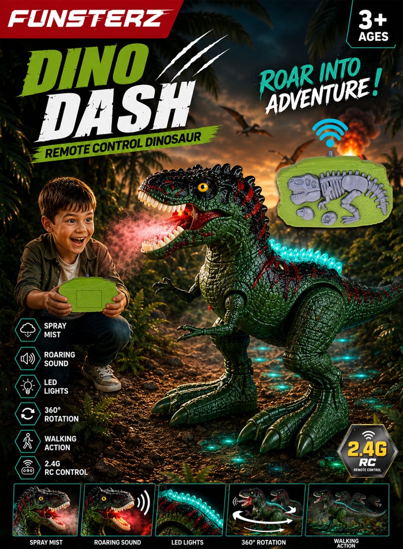 FUNSTERZ Dino Dash Remote Control Dinosaur Toy for Kids, Rechargeable Walking T-Rex RC Dinosaur with Spray Mist Smoke Effect, Roaring Sound, LED Mouth Light, Turquoise Back Lights, 360° Rotating Stunt Action, Forward Backward Movement, One Button Demo, Fossil Remote Controller, USB Charging Cable, Interactive Jurassic Dino Robot Gift for Boys Girls 3+ - Image 1