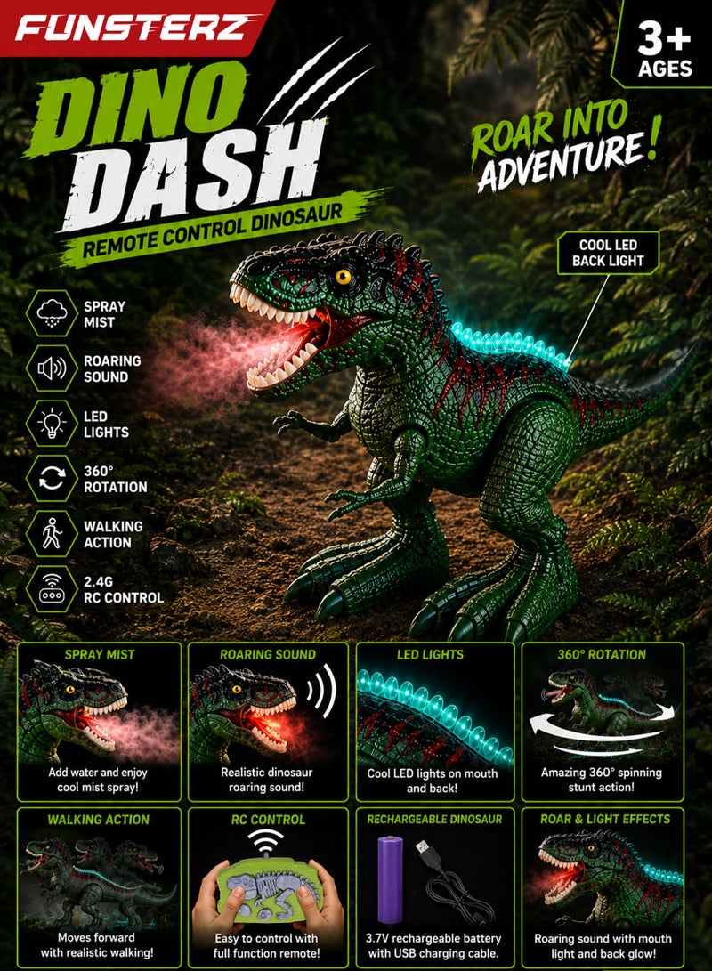 FUNSTERZ Dino Dash Remote Control Dinosaur Toy for Kids, Rechargeable Walking T-Rex RC Dinosaur with Spray Mist Smoke Effect, Roaring Sound, LED Mouth Light, Turquoise Back Lights, 360° Rotating Stunt Action, Forward Backward Movement, One Button Demo, Fossil Remote Controller, USB Charging Cable, Interactive Jurassic Dino Robot Gift for Boys Girls 3+ - Image 2