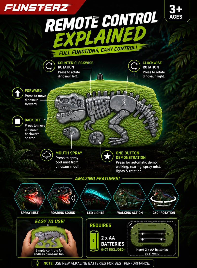 FUNSTERZ Dino Dash Remote Control Dinosaur Toy for Kids, Rechargeable Walking T-Rex RC Dinosaur with Spray Mist Smoke Effect, Roaring Sound, LED Mouth Light, Turquoise Back Lights, 360° Rotating Stunt Action, Forward Backward Movement, One Button Demo, Fossil Remote Controller, USB Charging Cable, Interactive Jurassic Dino Robot Gift for Boys Girls 3+ - Image 3