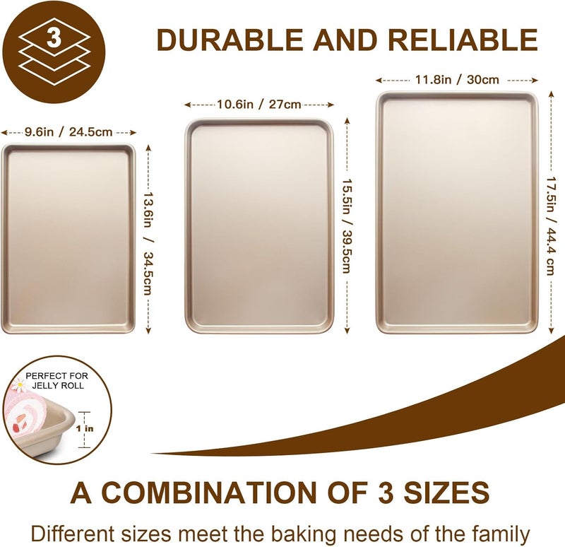 Deedro مجموعة صواني الخبز 3 قطع، صواني بسكويت تجارية للخبز، صواني غير لاصقة نصف/ربع/لفائف جيلي بديلة لصينية الفرن، قوية وسهلة التنظيف، ذهبية الشمبانيا - Image 3