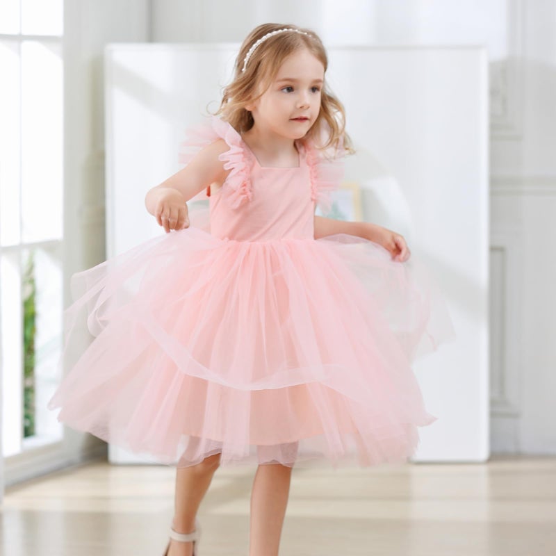 Tutu.kk Kid Girls Vintage Party Dress Ruffled Sleeve A-Line Tulle Flower Girl Dresses for Wedding,Birthday Pink 6-7t - Image 2
