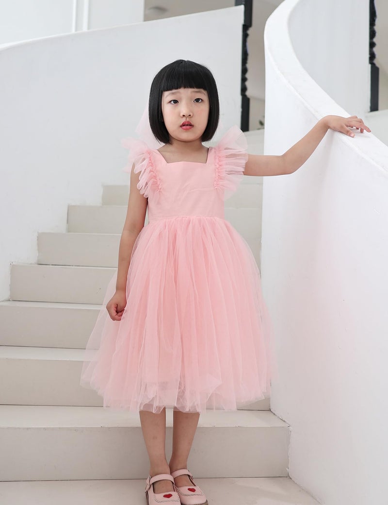 Tutu.kk Kid Girls Vintage Party Dress Ruffled Sleeve A-Line Tulle Flower Girl Dresses for Wedding,Birthday Pink 6-7t - Image 4