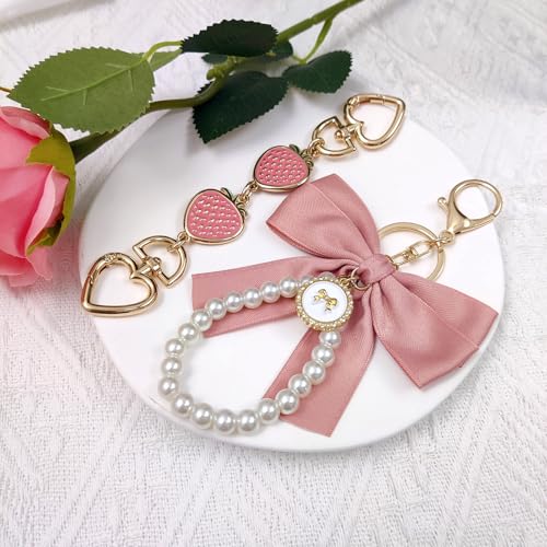 Nalefow 4Pcs Purse Extender Chain & Bow Keychain Kit - 2 Extender Chains & 2 Bow Charms - Handbag Strap Extenders, Replacement Purse Making Supplies, Bag Accessories (Black & Pink Strawberry) - Image 3