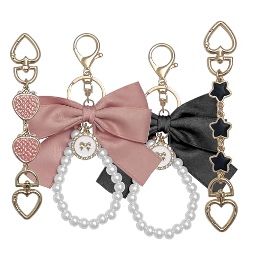 Nalefow 4Pcs Purse Extender Chain & Bow Keychain Kit - 2 Extender Chains & 2 Bow Charms - Handbag Strap Extenders, Replacement Purse Making Supplies, Bag Accessories (Black & Pink Strawberry) - Image 1