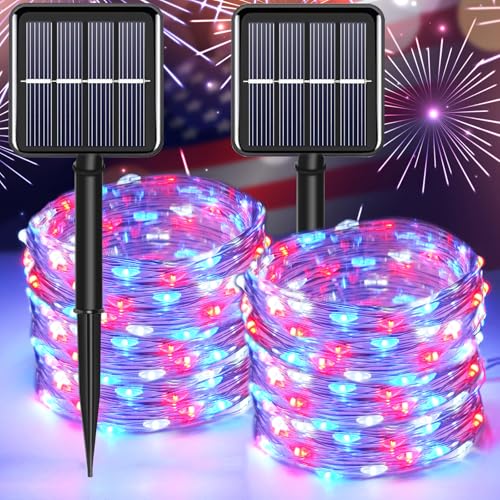 YAOZHOU 4th of July Patriotic Decorations,Red White Blue Solar Fairy String Lights Outdoor Waterproof, 2Pack Total 200LED 66Ft,IP67 8 Modes Outside Memorial Day for Garden,Patio, Yard - Image 1
