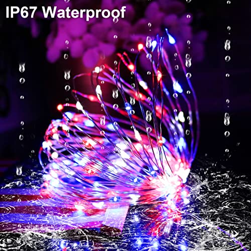 YAOZHOU 4th of July Patriotic Decorations,Red White Blue Solar Fairy String Lights Outdoor Waterproof, 2Pack Total 200LED 66Ft,IP67 8 Modes Outside Memorial Day for Garden,Patio, Yard - Image 3