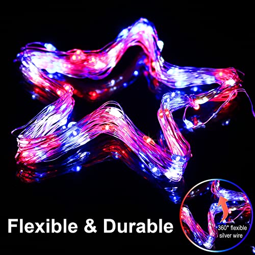 YAOZHOU 4th of July Patriotic Decorations,Red White Blue Solar Fairy String Lights Outdoor Waterproof, 2Pack Total 200LED 66Ft,IP67 8 Modes Outside Memorial Day for Garden,Patio, Yard - Image 5