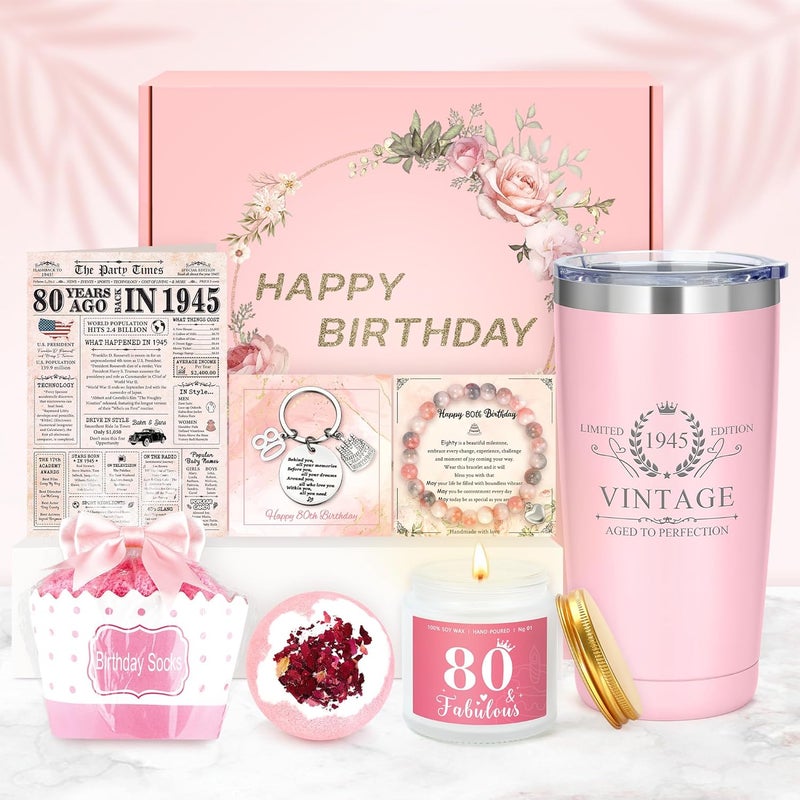 Saineron 80th Birthday Gifts for Women 80 Year Old Birthday Gifts for Women Unique Gift for 80 Year Old Woman 1945 Gift Box Ideas Happy 80th Bday Decoration Present Set with Tumbler Socks Candle Bracelet - Image 1