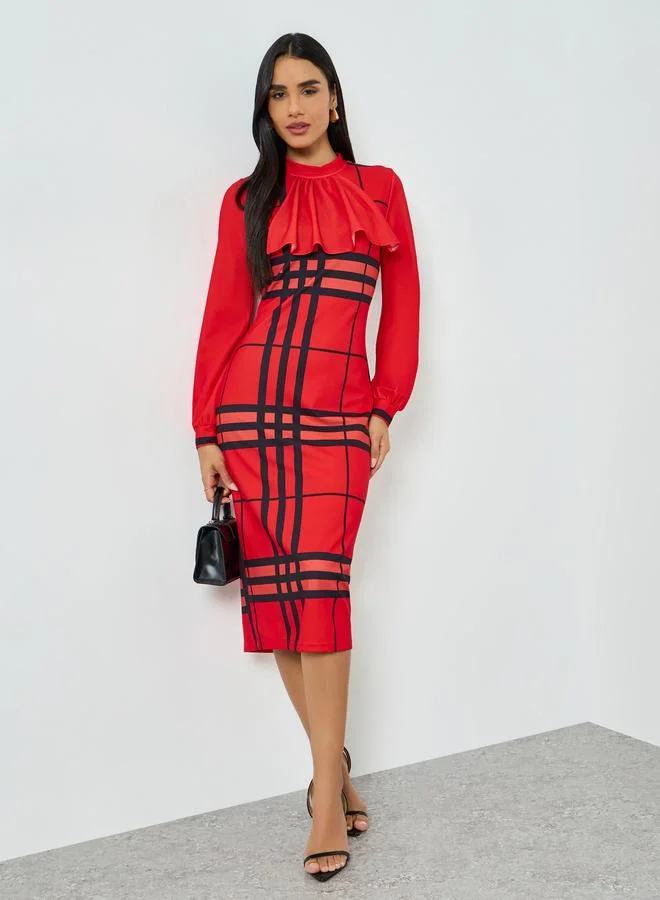 Take Two Red Checked Long Sleeve Bodycon Midi Dress