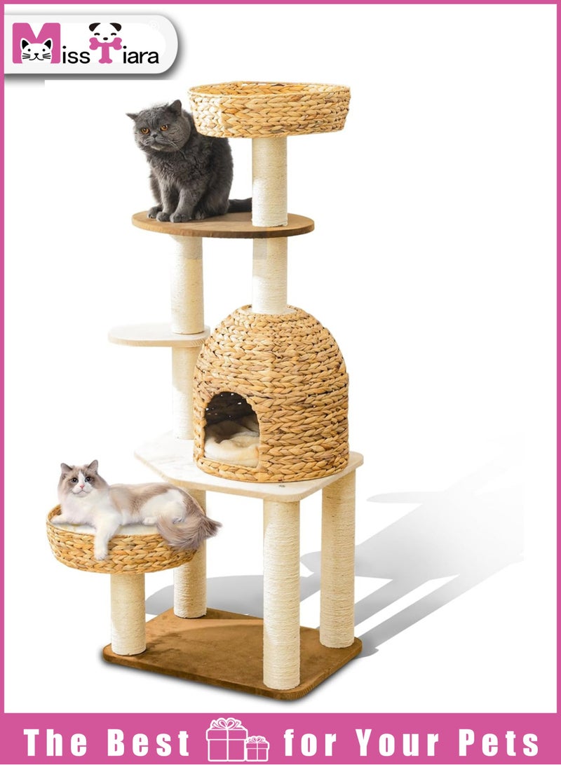 MissTiara Cat Tree Tower, Cat Nest, Cat bed, Modern Design Cat Furniture Scratching Tree for Indoor Cat, Large Cats, Real Natural Water Hyacinth Hand Woven Tall Wood Luxury Cat Condo, Cat House, Unique High-end Design Cat Activity Centre, Easy Clean - Image 1