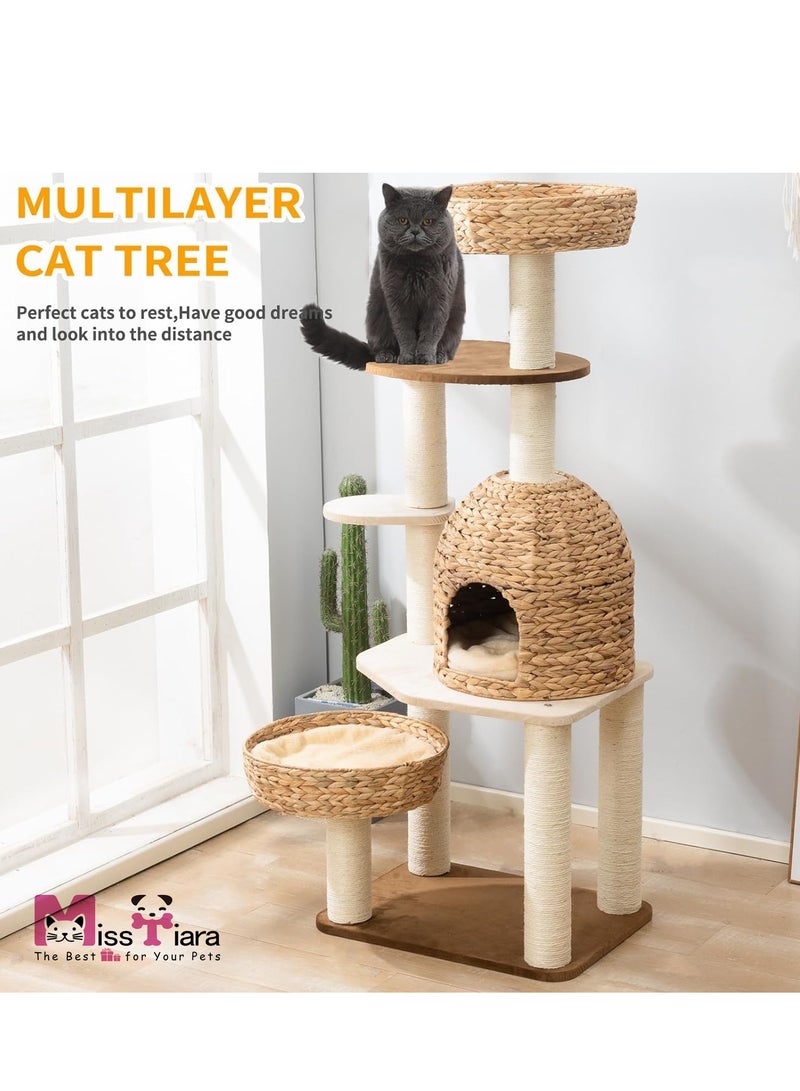 MissTiara Cat Tree Tower, Cat Nest, Cat bed, Modern Design Cat Furniture Scratching Tree for Indoor Cat, Large Cats, Real Natural Water Hyacinth Hand Woven Tall Wood Luxury Cat Condo, Cat House, Unique High-end Design Cat Activity Centre, Easy Clean - Image 2