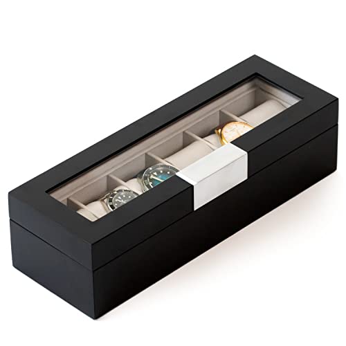 CASE ELEGANCE Modern 6-Slot Wooden Watch Box With Metal Clip, Real Glass Lid - Sleek Black Organizer for Collection | Display Case | Men's Holder With Glass Top - Image 1