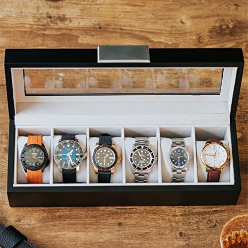 CASE ELEGANCE Modern 6-Slot Wooden Watch Box With Metal Clip, Real Glass Lid - Sleek Black Organizer for Collection | Display Case | Men's Holder With Glass Top - Image 3