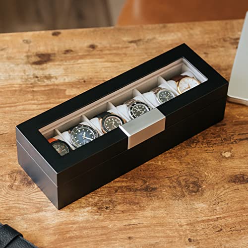 CASE ELEGANCE Modern 6-Slot Wooden Watch Box With Metal Clip, Real Glass Lid - Sleek Black Organizer for Collection | Display Case | Men's Holder With Glass Top - Image 4