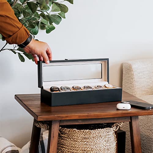 CASE ELEGANCE Modern 6-Slot Wooden Watch Box With Metal Clip, Real Glass Lid - Sleek Black Organizer for Collection | Display Case | Men's Holder With Glass Top - Image 5