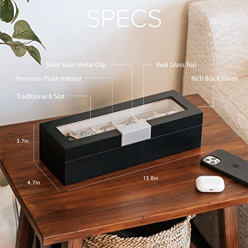 CASE ELEGANCE Modern 6-Slot Wooden Watch Box With Metal Clip, Real Glass Lid - Sleek Black Organizer for Collection | Display Case | Men's Holder With Glass Top - Image 2