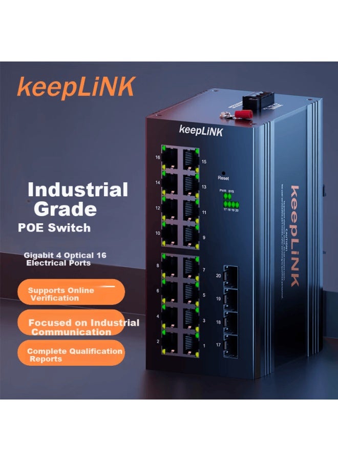 Keeplink Kp-9000-65-416gp Industrial Grade Poe Switch Gigabit 4 Optical 16 Electrical Managed Din Rail Mount / Unit
