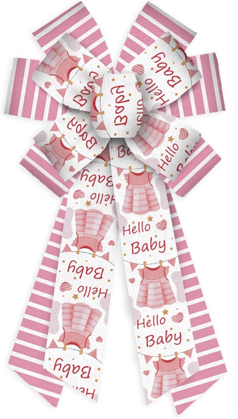 Threetols Baby Shower Wreath Bows, Pink White Stripe Bows for Wreath Baby Pink Decorative Bows for Front Welcome Home Shower Ornaments Hanging Wreath Bow for Indoor Outdoor Decor - Image 1