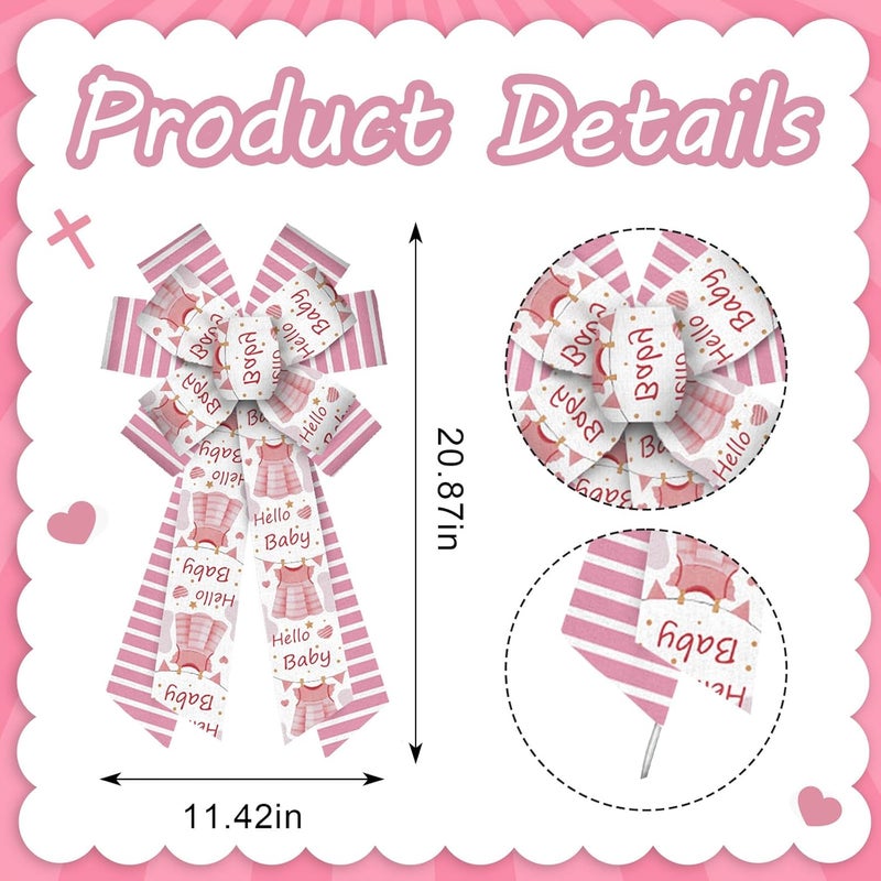 Threetols Baby Shower Wreath Bows, Pink White Stripe Bows for Wreath Baby Pink Decorative Bows for Front Welcome Home Shower Ornaments Hanging Wreath Bow for Indoor Outdoor Decor - Image 2