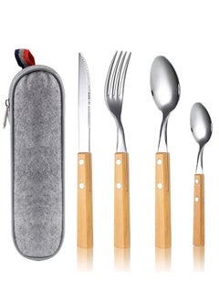 KASTWAVE Cutlery Sets, Set of 4 Stainless Steel Kitchen Tableware, Wooden Handle Knife and Fork Sets, Portable Reusable Cutlery Set, Travel Cutlery Set, Picnic Cutlery  - Image 1